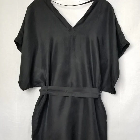 Piko 1988 Black Silk Short Dolman Sleeve Belted Mini Dress Size Medium - Picture 8 of 11